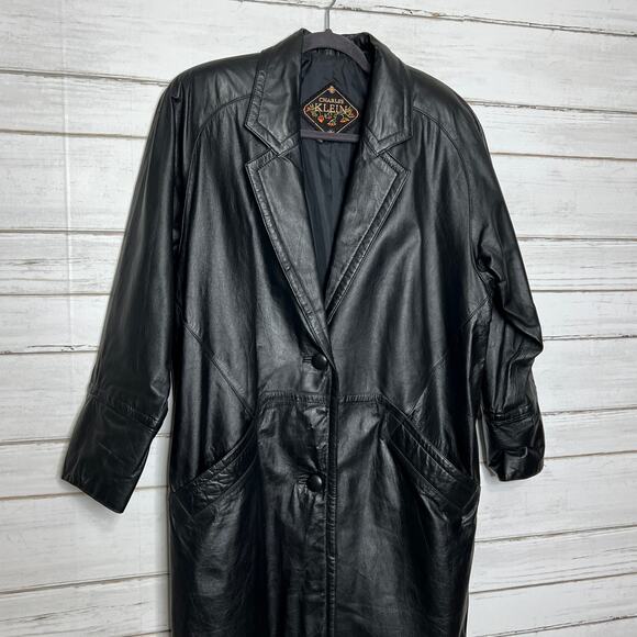 Vintage Charles Klein Black Leather Trench Coat Women’s Medium Long Jacket - Picture 4 of 12